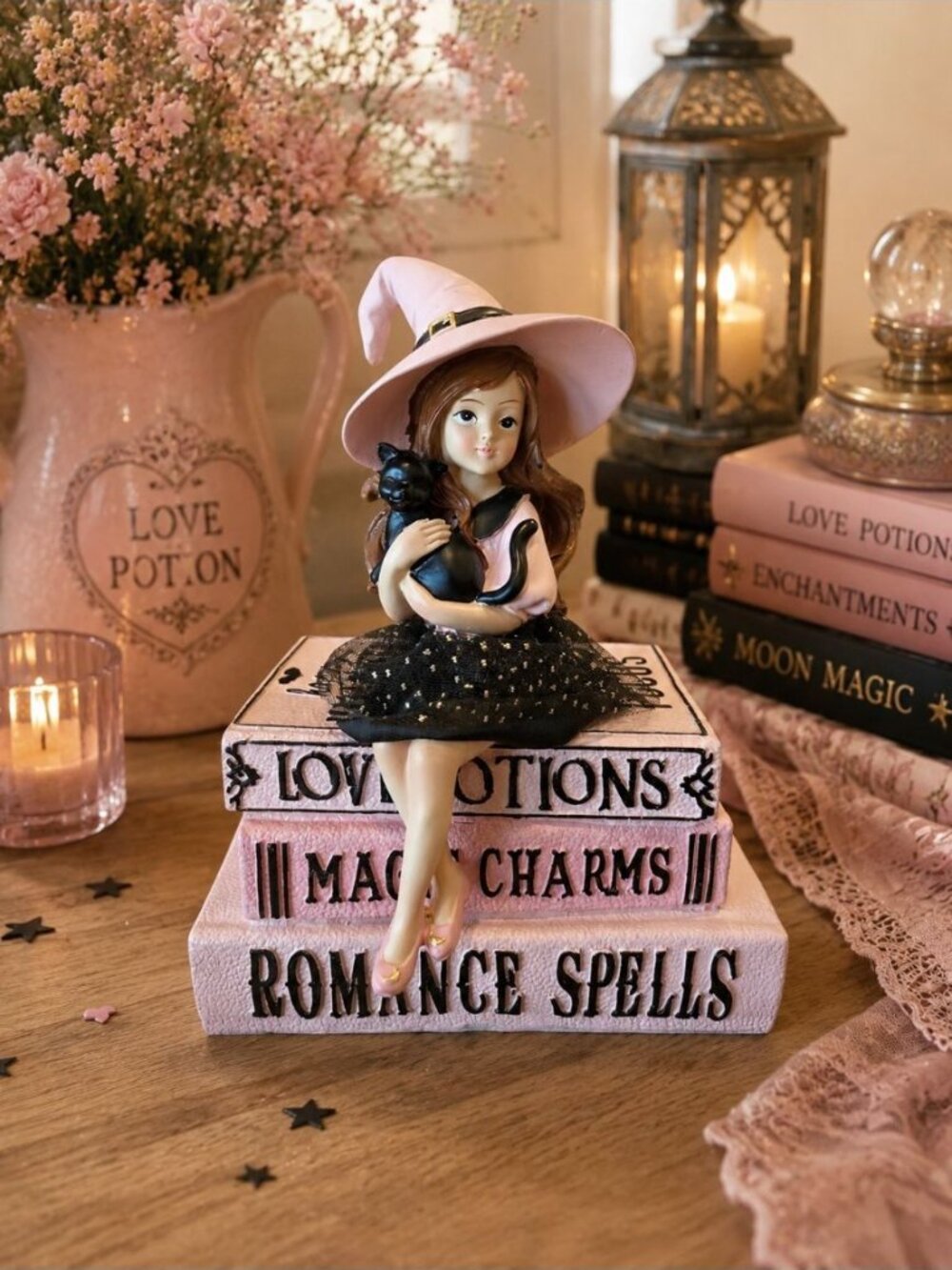 New Pink Witch Girl & Black Cat On Spell Book Sculpture Halloween Holiday Decor